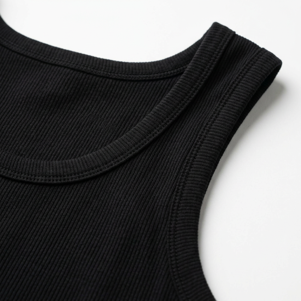 Close-up of black tank neckline and armhole binding