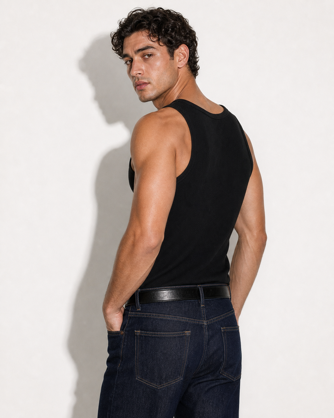 TT001 Essential Tank in black, alternate angle on model showing body fit