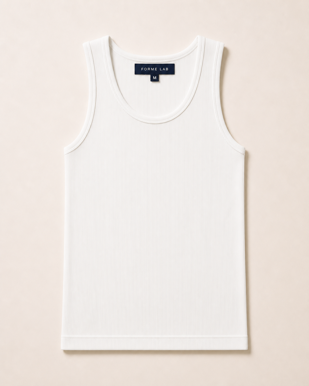 FORME LAB woven label close-up on TT001 white rib tank